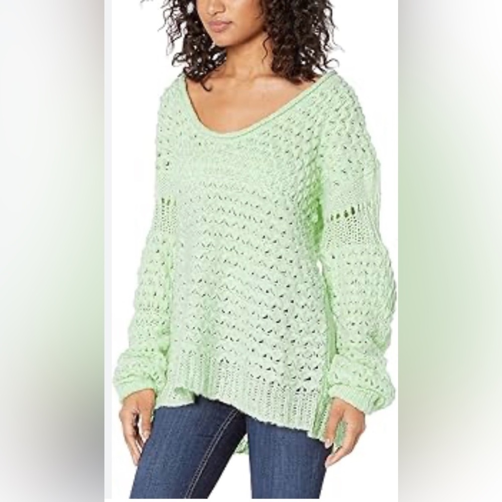 Free People Crashing Waves Open Knit Slouch Sweater – Mint Green XS (Oversized)